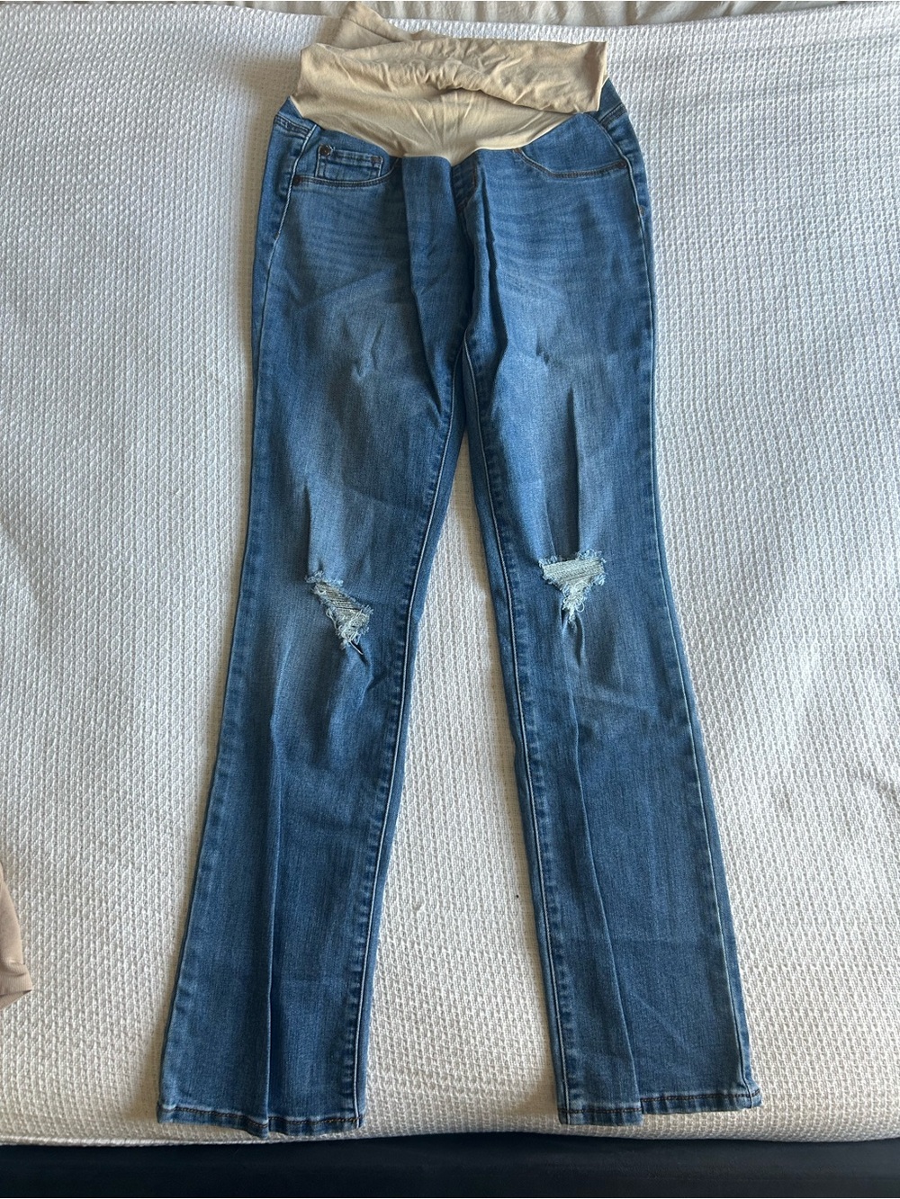 Maternity Blue Distressed Straight-Leg Jeans with Beige Panel